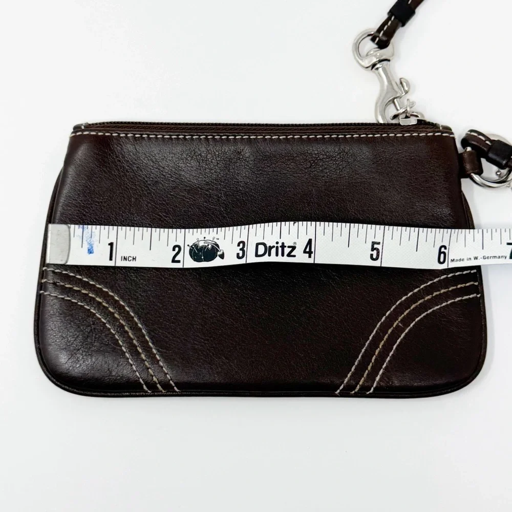 Coach Dark Brown Leather Wristlet Clutch Pouch Purse Zip Top Signature